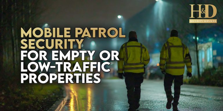 Mobile patrol security officer inspecting an empty commercial property in London at night