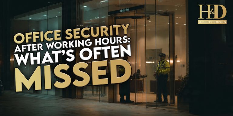 Office building security at night showing after-hours office protection measures